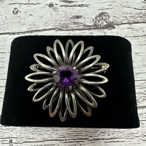 Silver and Purple Gemstone Flower Brooch